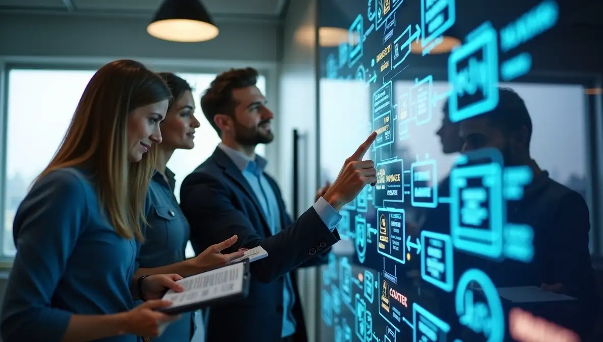 Marketing team collaborates on a digital display, strategically integrating social media software modules to build a custom tech stack.