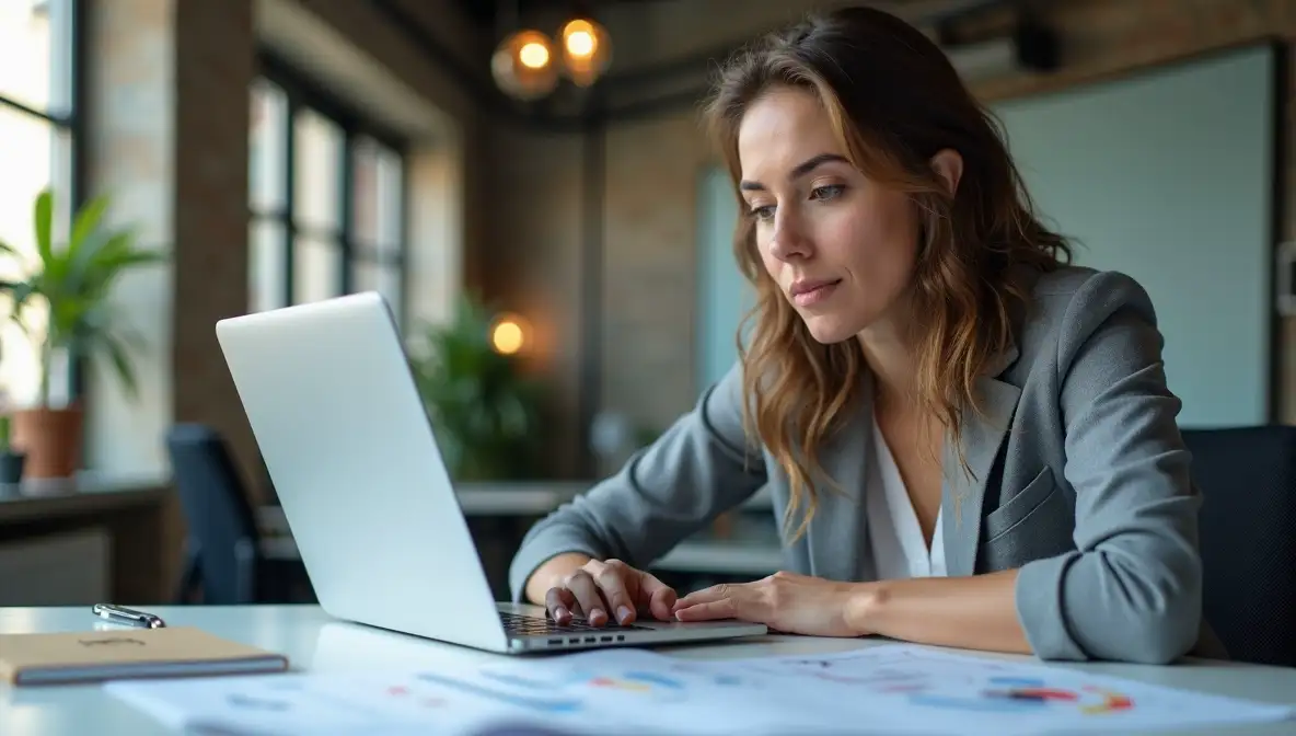 Professional individual at desk, engaged with laptop but appearing mentally exhausted and overwhelmed, symbolizing constant activity without deep work.