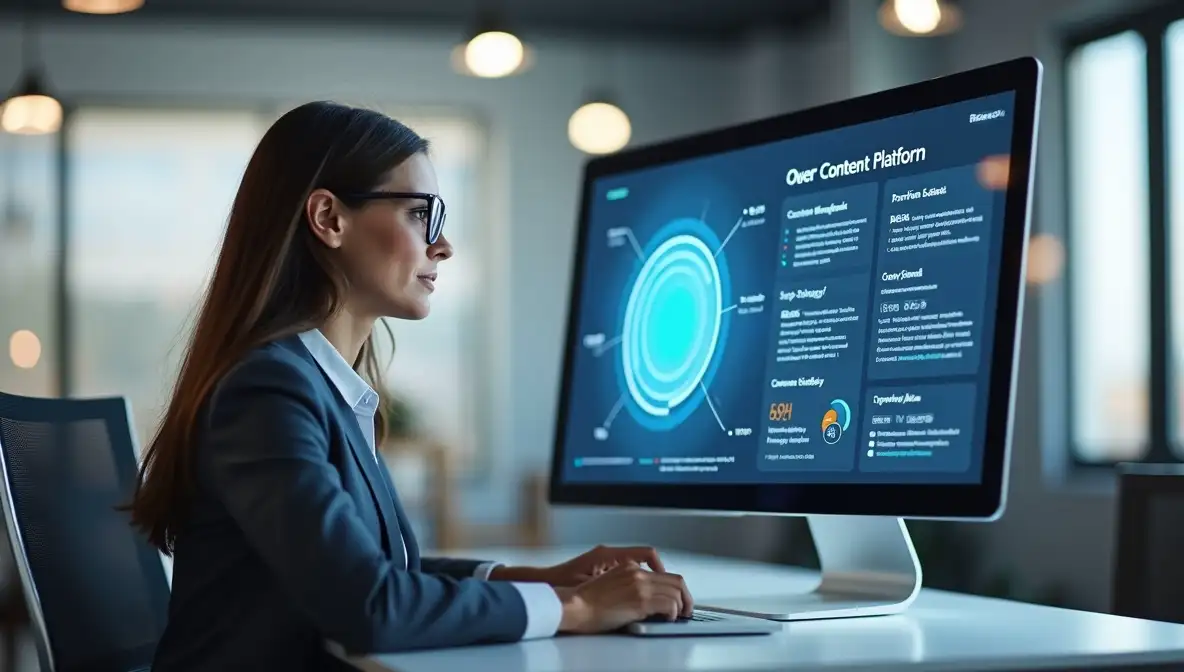 Professional product leader contemplating complex AI-assisted software architecture on a large monitor.