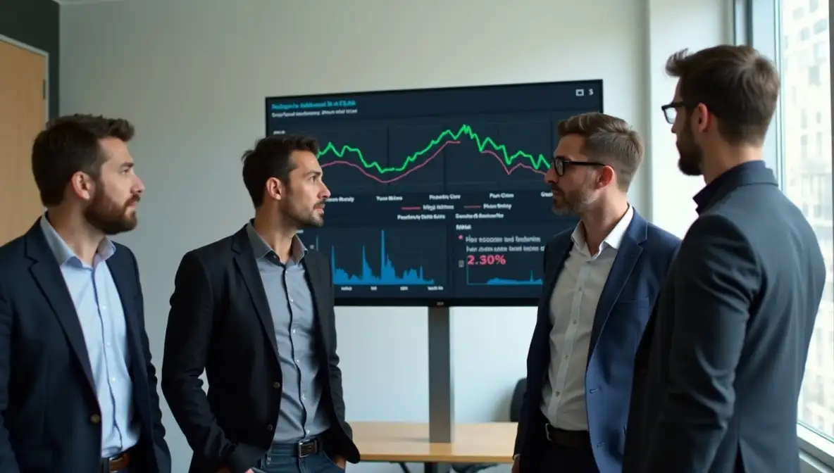 Product leader and team member collaboratively analyzing data on a screen in a modern, well-lit office.