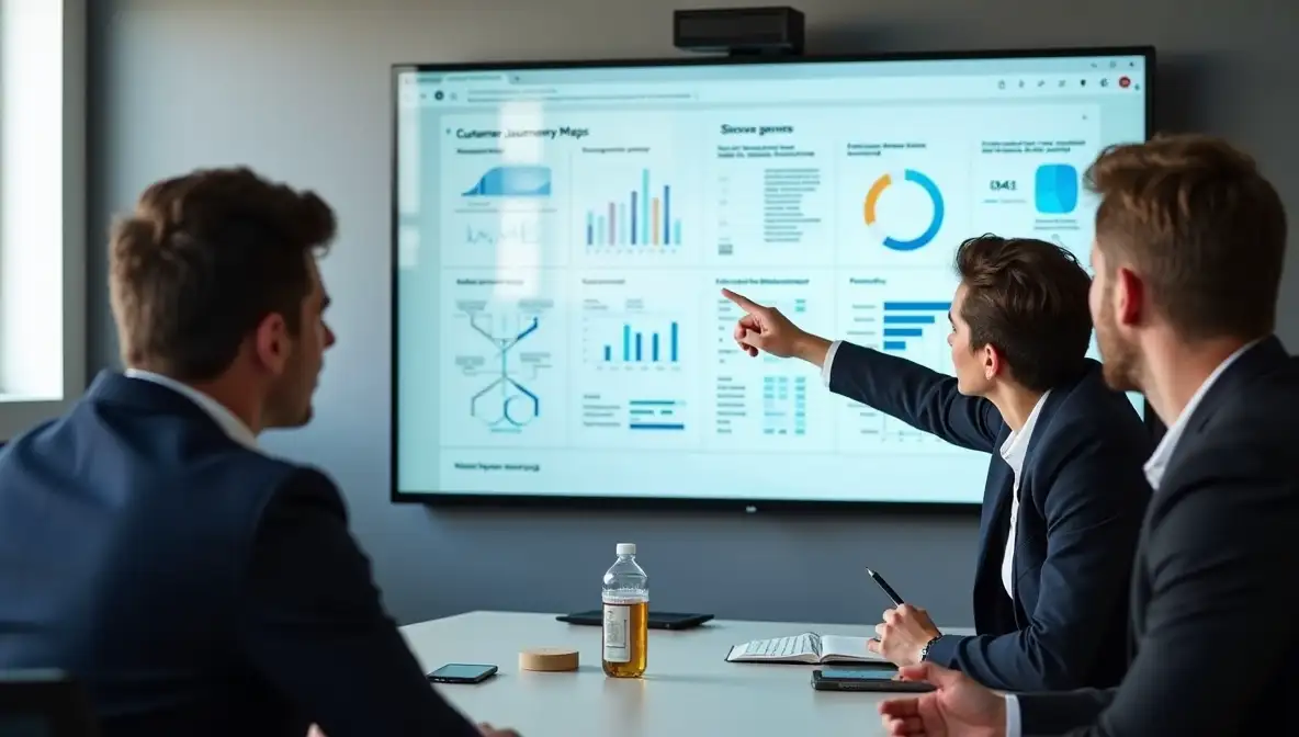 Product leaders analyzing data visualizations on a large screen in a modern office meeting, emphasizing data-driven decision-making.