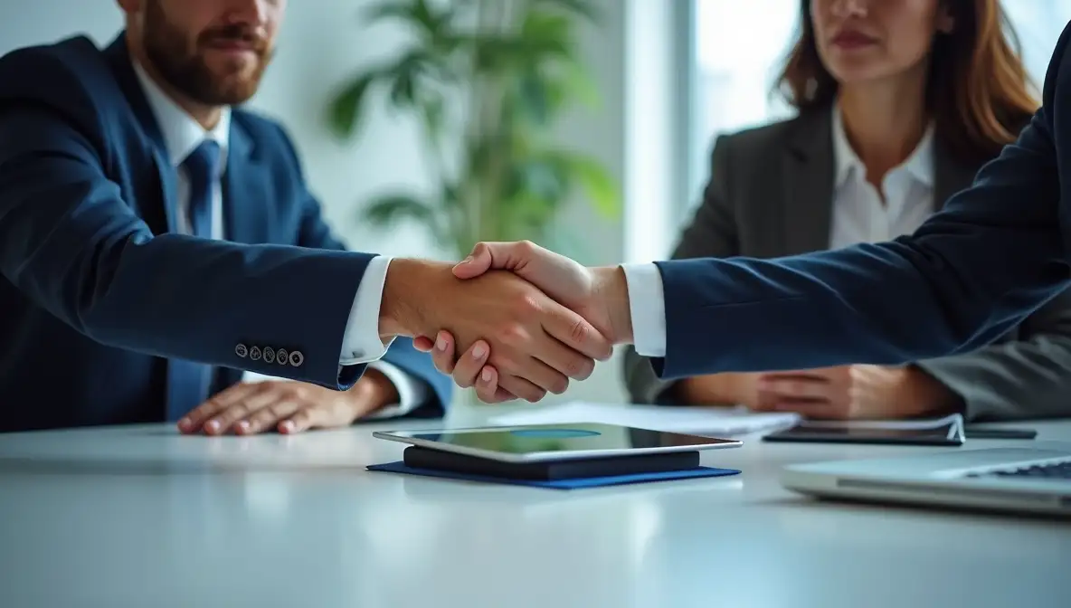 Two business professionals shake hands over a tablet displaying 'Confirm,' symbolizing a firm agreement and commitment in a modern office setting.