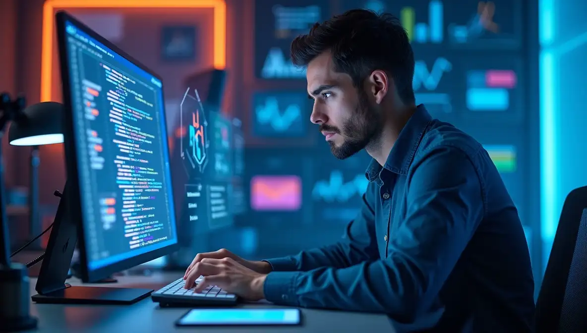 Professional software developer intently reviewing complex code on a large monitor in a modern office with architectural diagrams on a whiteboard.