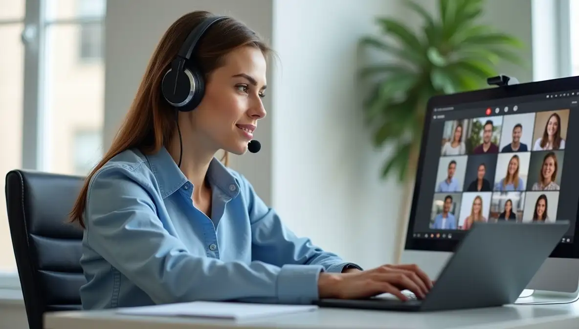 Professional person in a home office wearing a headset, intently engaged in an online audio conferencing meeting on a laptop, conveying expertise.