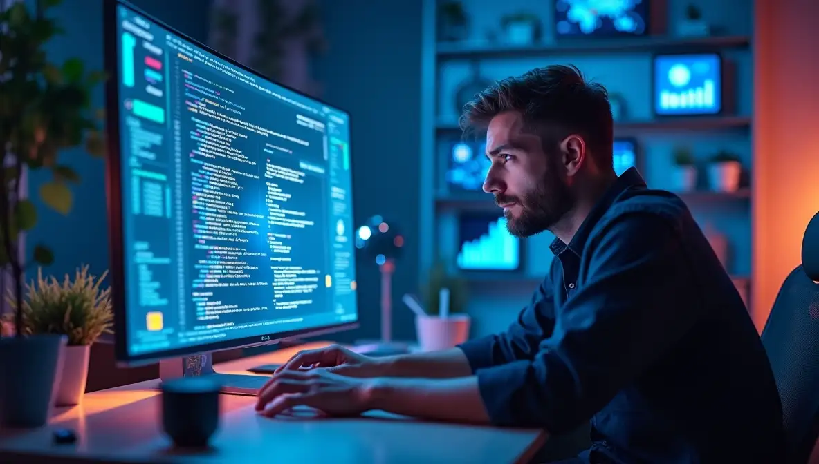 A bearded man intently types on a keyboard, focused on a large monitor displaying blue code, in a dimly lit, high-tech workspace with other data screens in the background.