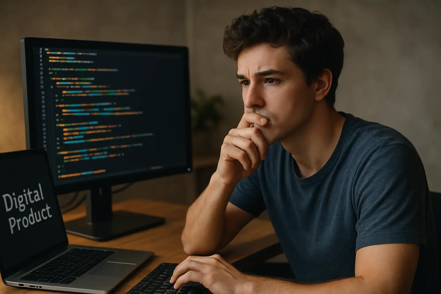 A thoughtful young man in a t-shirt sits at a desk, looking intently at a large computer monitor displaying lines of code, with a laptop showing "Digital Product" beside it.