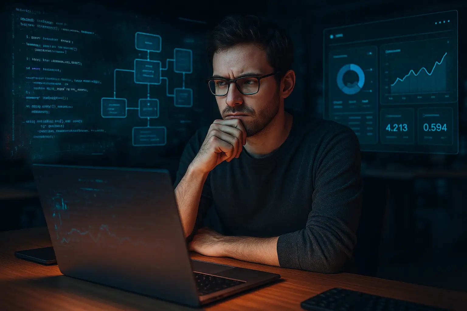 A thoughtful man in glasses and a beard works on a laptop, surrounded by glowing screens displaying lines of code, flowcharts, and data analytics in a dark, high-tech workspace.