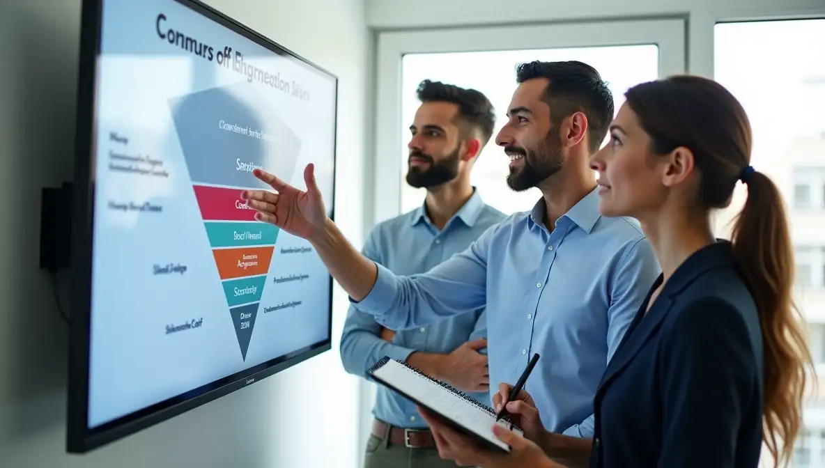Diverse SaaS executives analyze a color-coded conversion funnel on a monitor, identifying bottlenecks and discussing process optimization in a modern office.