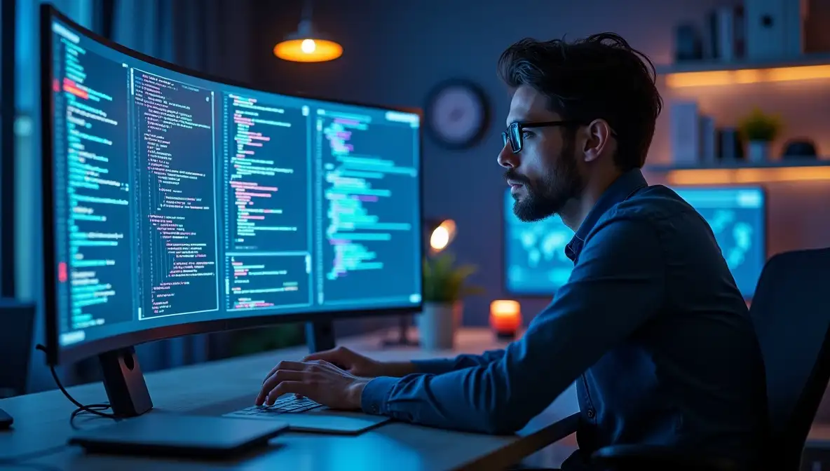 Exhausted SaaS founder hunched over laptop in dimly lit home office, showing hypergrowth burnout despite business success.