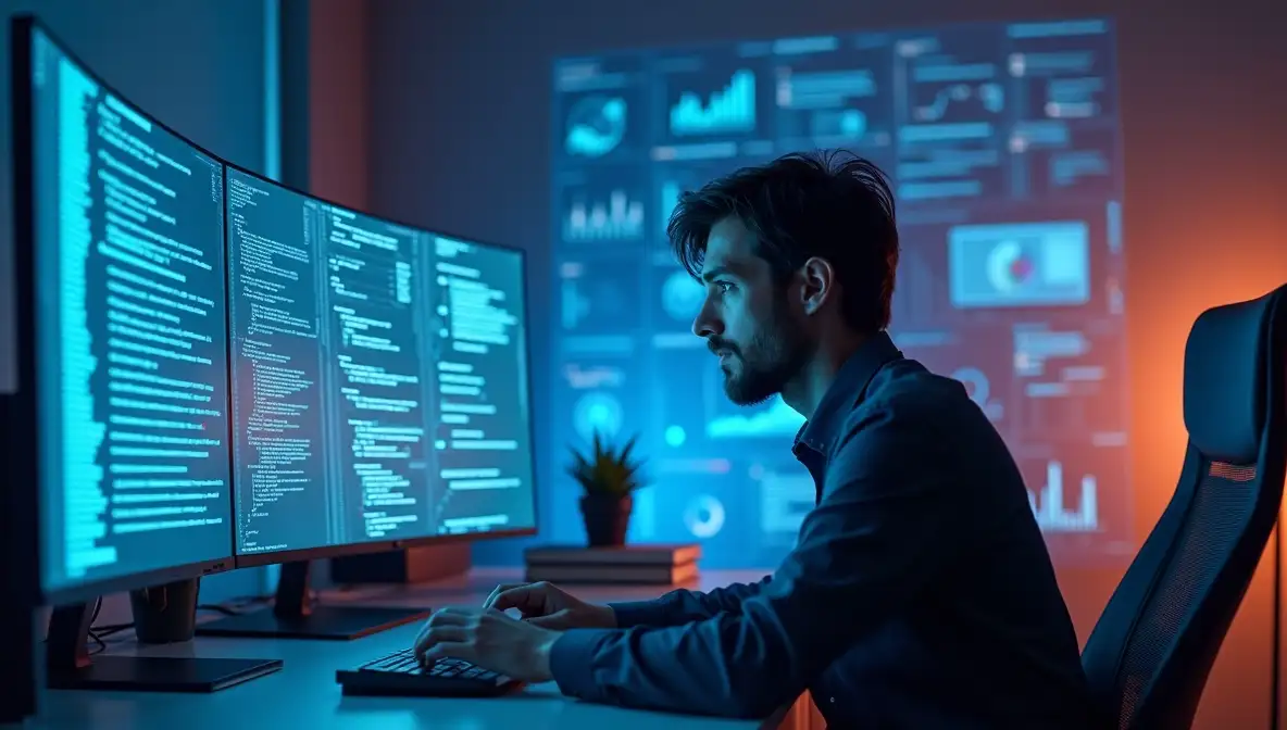 SaaS founder in late 30s at modern desk, laptop showing code, looking contemplatively off-screen with an expression of deep thought and burden, reflecting the trap of endless building without launching.