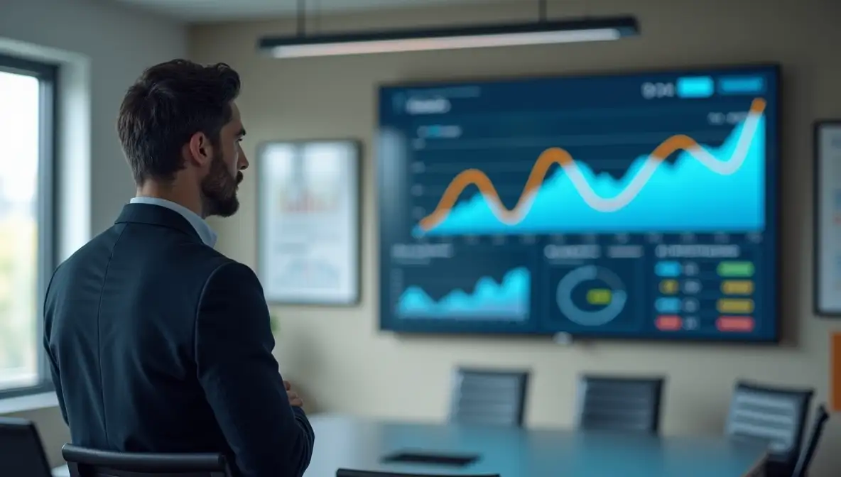 Mature businessman analyzing startup growth SEO chart in conference room