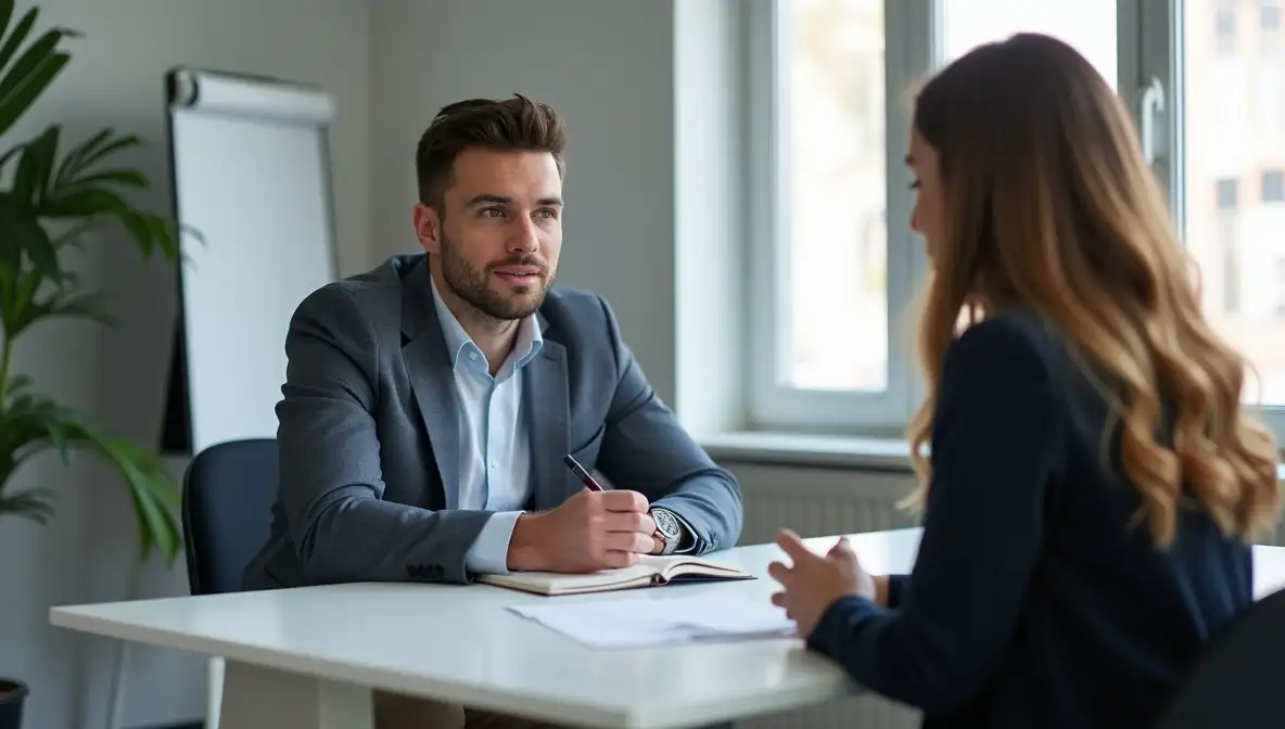 A SaaS founder in their 30s intently listens and takes notes during a problem-discovery interview with a customer at a modern conference table, emphasizing deep listening over pitching.
