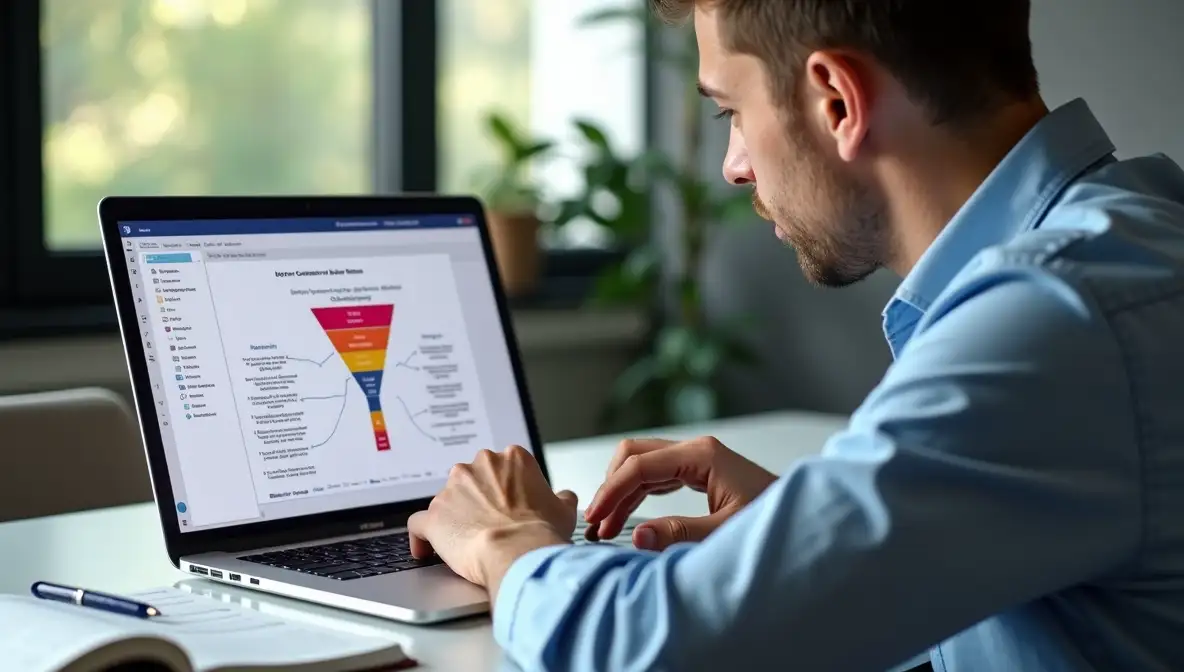 SaaS founder having an 'aha' moment, reaching for a notebook after seeing a highlighted comment on a laptop screen displaying a social media feed.