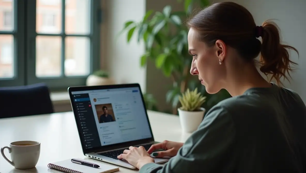 SaaS founder intently focused on laptop screen, using a CRM or video conferencing tool for personalized customer outreach in a professional office setting.
