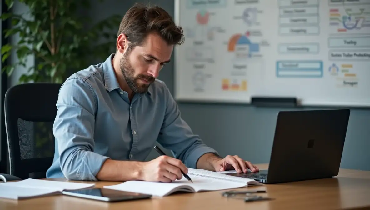 SaaS founder deeply focused on customer insights and strategic problem-solving at their desk.