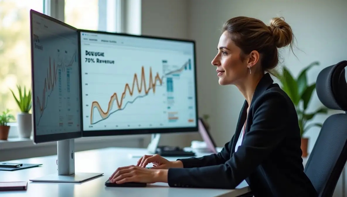 Businesswoman analyzing growth chart on computer in modern office