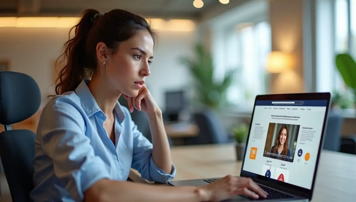 SaaS founder intently optimizing a human-centric landing page on a laptop, featuring an embedded personal video, symbolizing conversion success.