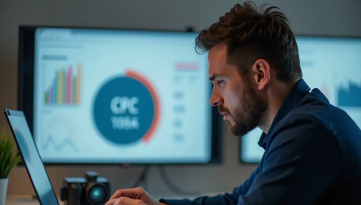 A thoughtful SaaS founder looking at a laptop showing a low CPC digital marketing dashboard but a concerned expression, highlighting the trap of cheap clicks.
