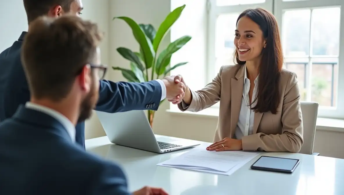 SaaS founder provides a personalized, manual consultation to a client, showing tailored insights on a laptop in a modern office.
