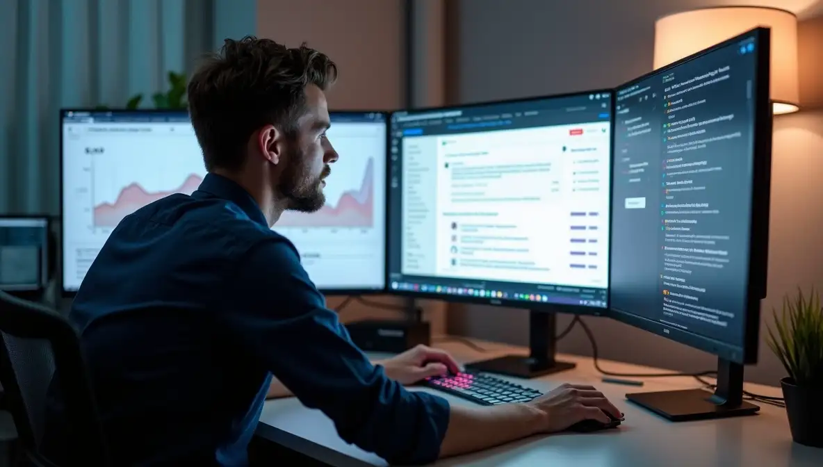 SaaS founder at a desk, looking validated at a monitor showing a Reddit community and a small payment notification, contrasting with another monitor showing a Google Ads 'Account Suspended' notice.