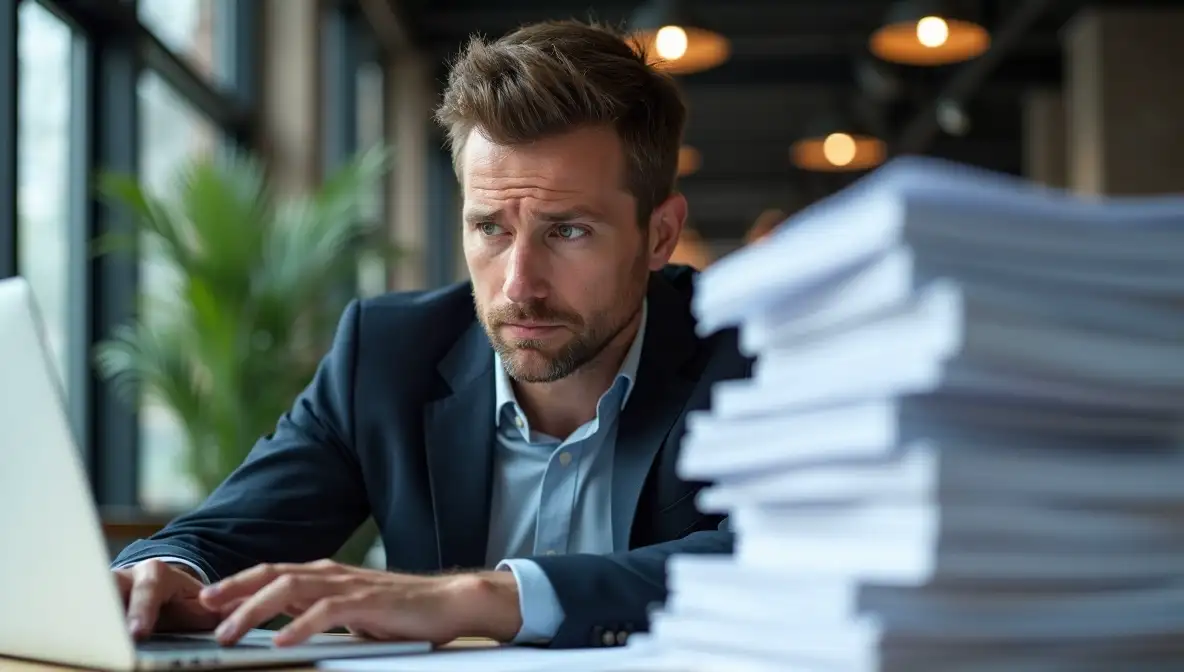 Visibly stressed SaaS founder overwhelmed by business documents at a modern office desk, laptop showing a polished product, illustrating the non-technical demands of scaling a startup.