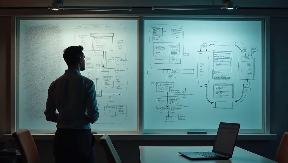 A SaaS founder, exhausted yet clear-eyed, pivots a complex product idea into a simple, viable solution on a glass whiteboard late at night.