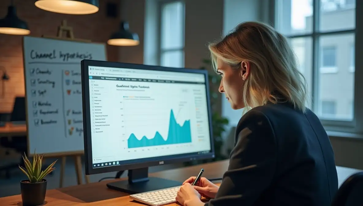 Focused SaaS founder woman analyzing user engagement data and qualitative feedback on a monitor, with a channel hypothesis matrix visible on a whiteboard, representing post-launch market signal discovery.