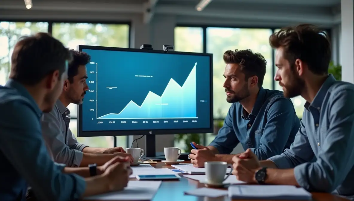 SaaS founder intently analyzing a complex digital workflow on screen, identifying inefficiencies and pain points in a modern office setting.