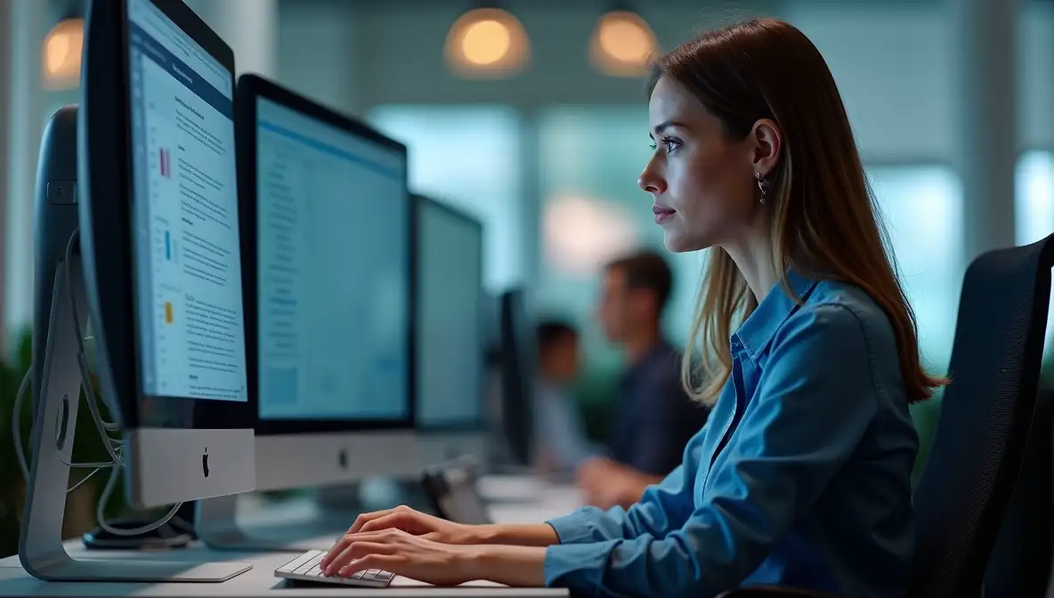 A SaaS founder intently focused on a large monitor, with a digital article displaying business advice on one side and a dense, chaotic online forum comment section on the other, symbolizing the search for real insights in contradictory feedback.