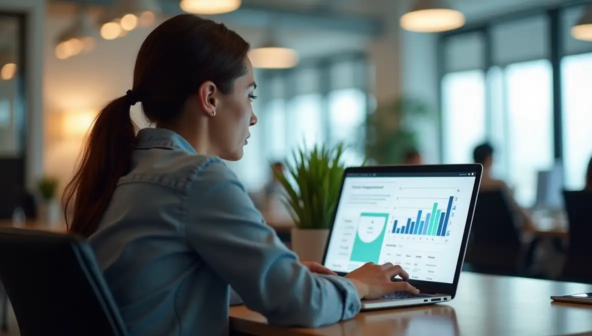 A dedicated SaaS founder or early sales leader sits at a modern, organized desk with a CRM dashboard visible on their laptop, alongside professional notes. A crumpled paper hints at past disarray, conveying a shift from chaos to a clear sales system.