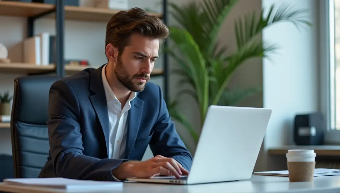 Calm and confident SaaS founder strategically reviewing financial data on a laptop at a modern, well-lit office desk, symbolizing quiet achievement.