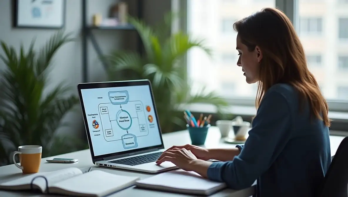 Focused woman SaaS founder deeply engrossed in strategic planning on laptop in a modern office.