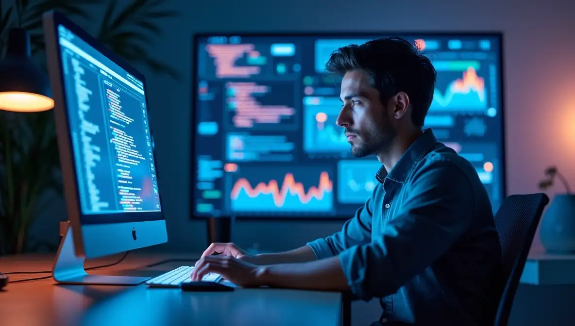 Professional SaaS founder coding on a laptop, with unaddressed customer surveys and market reports on the desk, illustrating misplaced effort in startup validation.