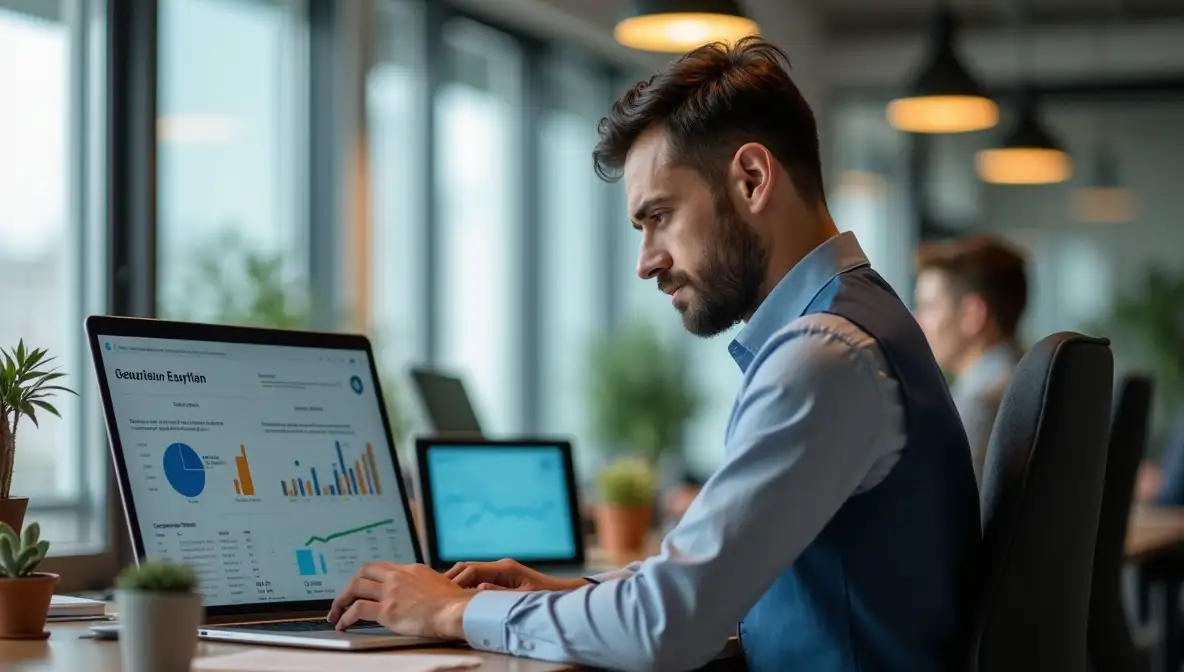Determined SaaS founder taking notes during crucial video call, focusing on 'First 12 Clients' goal in professional office.