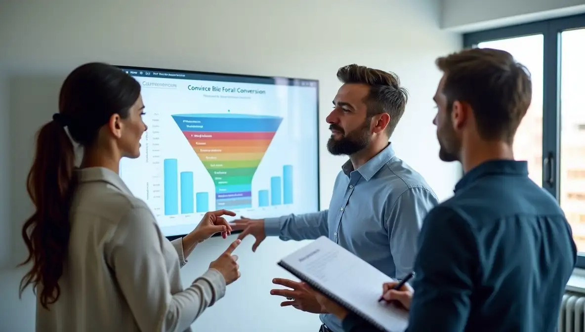 Three marketing professionals analyze A/B test results for SaaS headlines on a large monitor in a modern office, highlighting a successful value proposition.