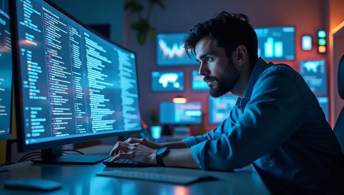 Thoughtful SaaS marketing leader analyzes chaotic AI search results on a large monitor, reflecting on new SEO strategies.