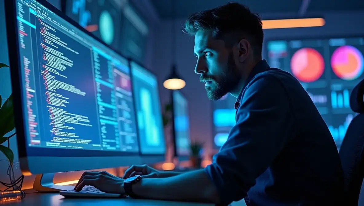 Professional on laptop next to a precarious house of cards, symbolizing digital vulnerability in SaaS.