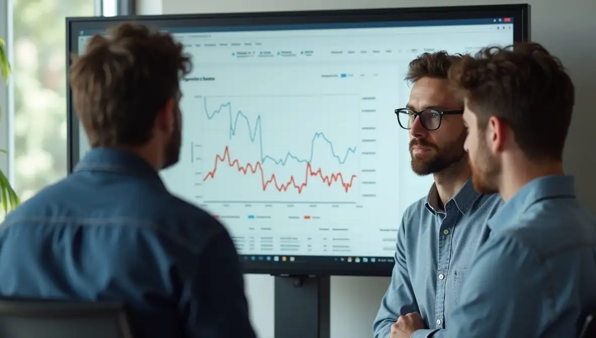 Three professionals in a modern SaaS office analyzing a wall-mounted monitor showing a long-term growth curve.