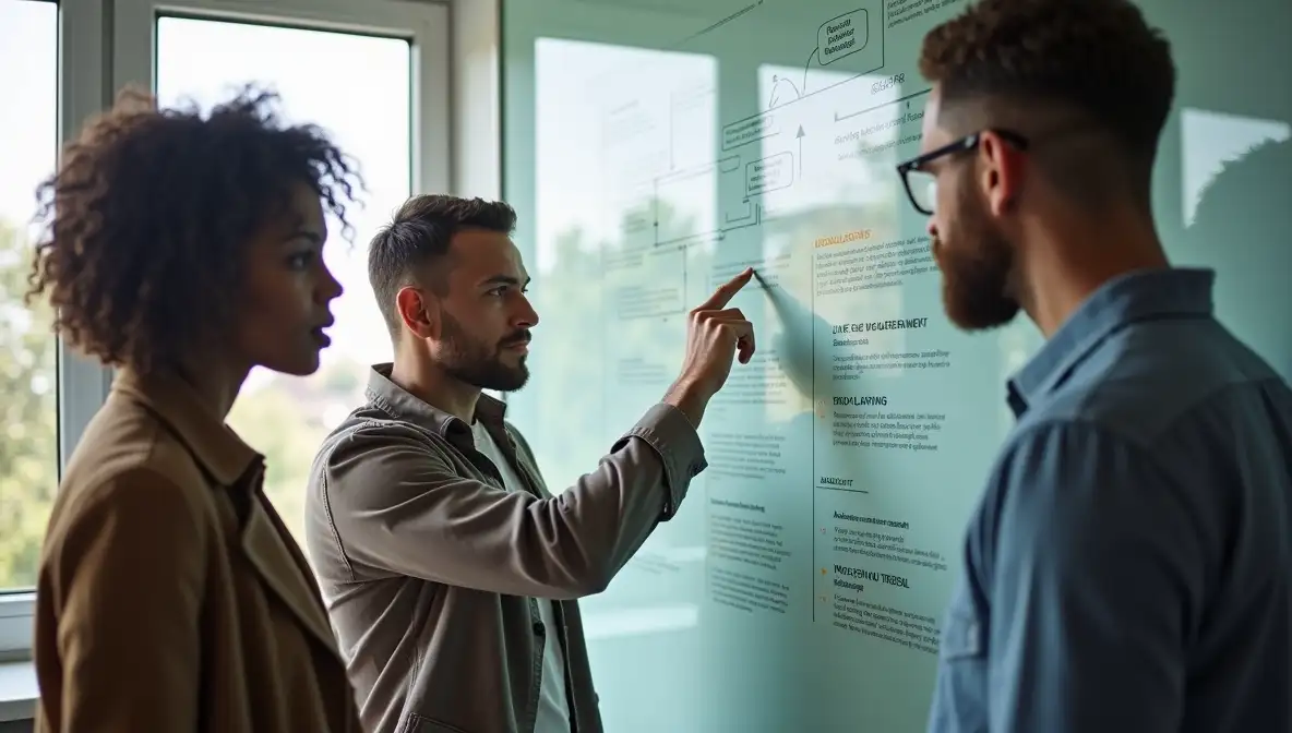 Diverse SaaS team brainstorming narrative ideas on a whiteboard with colorful sticky notes.