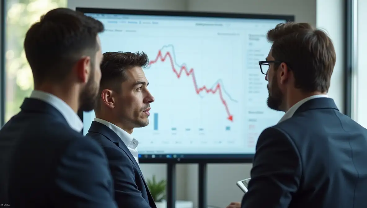 Three business professionals analyze industry-specific data on a monitor, strategizing for a specialized vertical market.