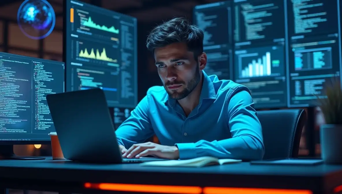 Focused small business owner looking at Google Maps on a laptop, strategizing local digital marketing and SEO for their business.