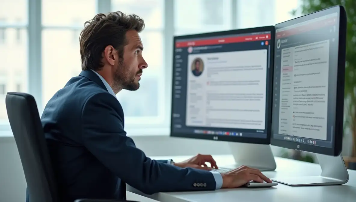 Professional in office frustrated by negative social media engagement on screen, highlighting a failed online marketing strategy.