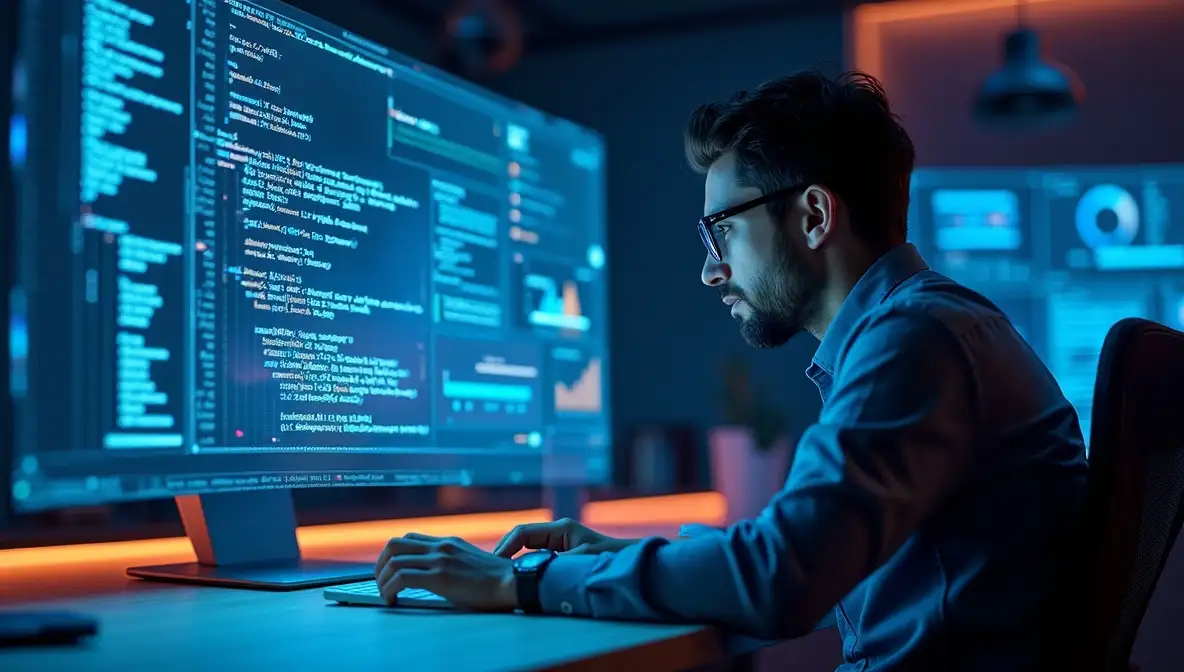 A male software developer with glasses concentrating on lines of code displayed on a large computer screen in a dark, modern office
