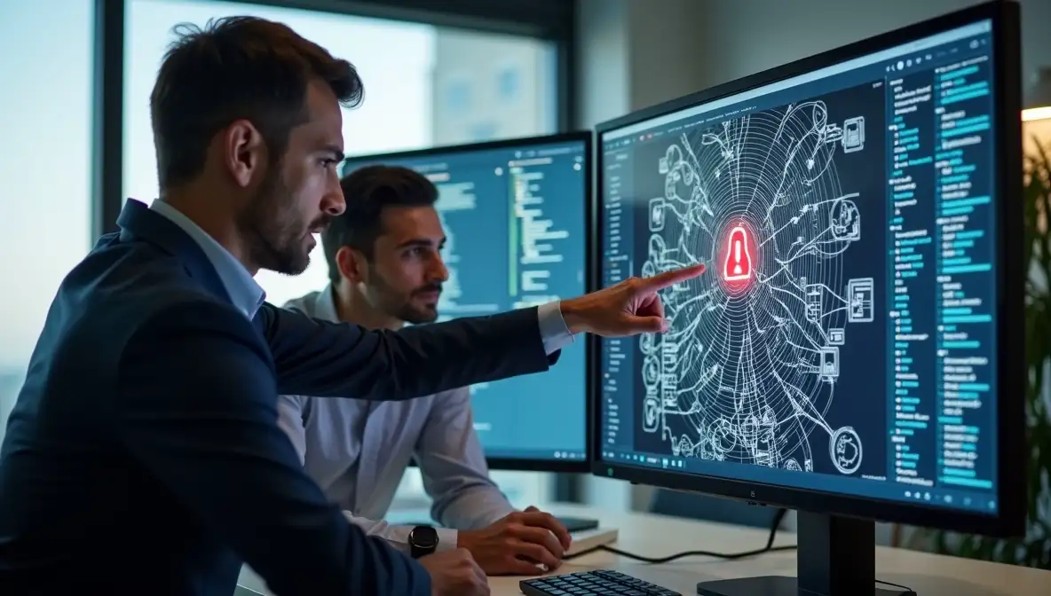 A software engineer shows a concerned CEO a critical security vulnerability on a computer screen in a tense office meeting.