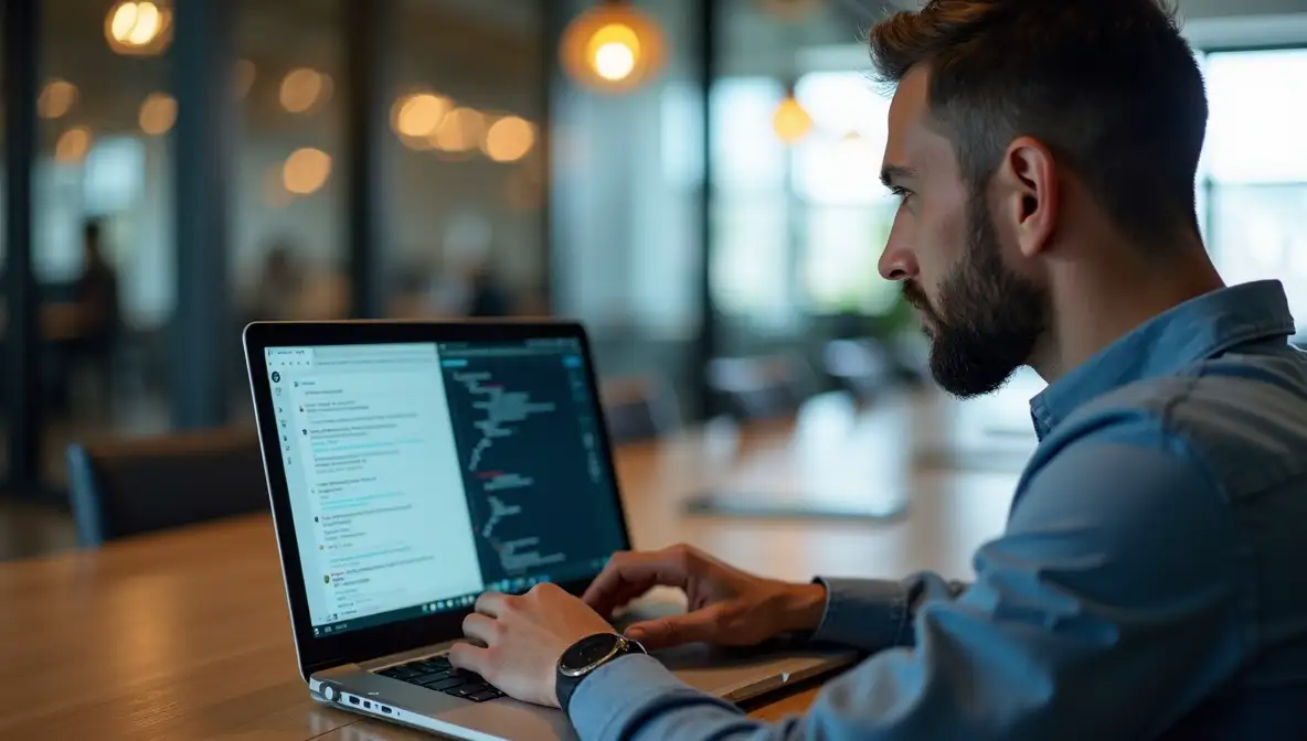 Focused solo entrepreneur working on a laptop in a bright, modern home office, reflecting strategic thought and confidence.