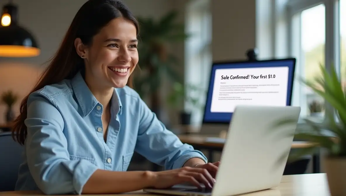 A professional smiles at a laptop showing 'Sale Confirmed! Your first $1.00,' symbolizing a startup's first success.