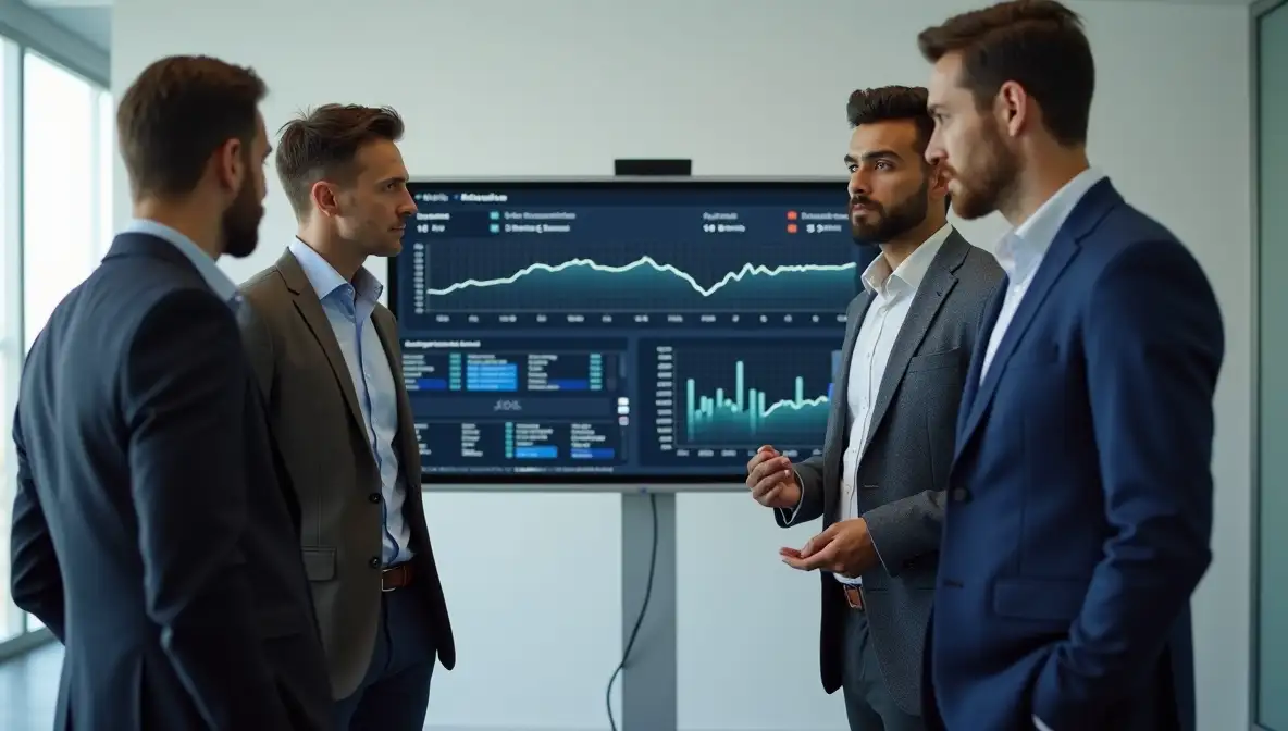 Startup founders seriously analyze critical declining revenue and high churn metrics on a monitor, reflecting the gravity of strategic discussions and difficult business decisions.