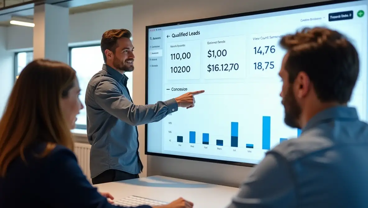 A small team of startup founders intensely focused on a screen and whiteboard, collaborating on early customer acquisition strategies.