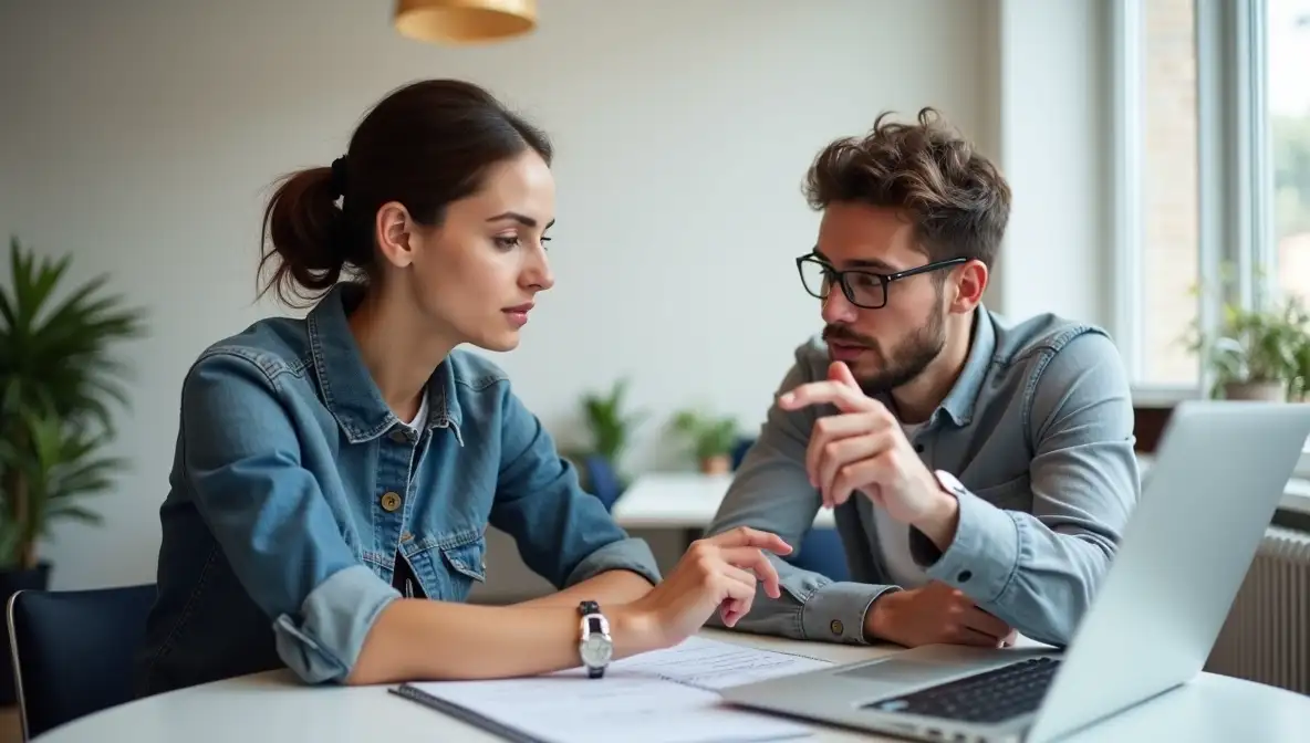 Male founder and female user collaboratively reviewing early-stage software on a laptop in a modern office, engaged in product development feedback.