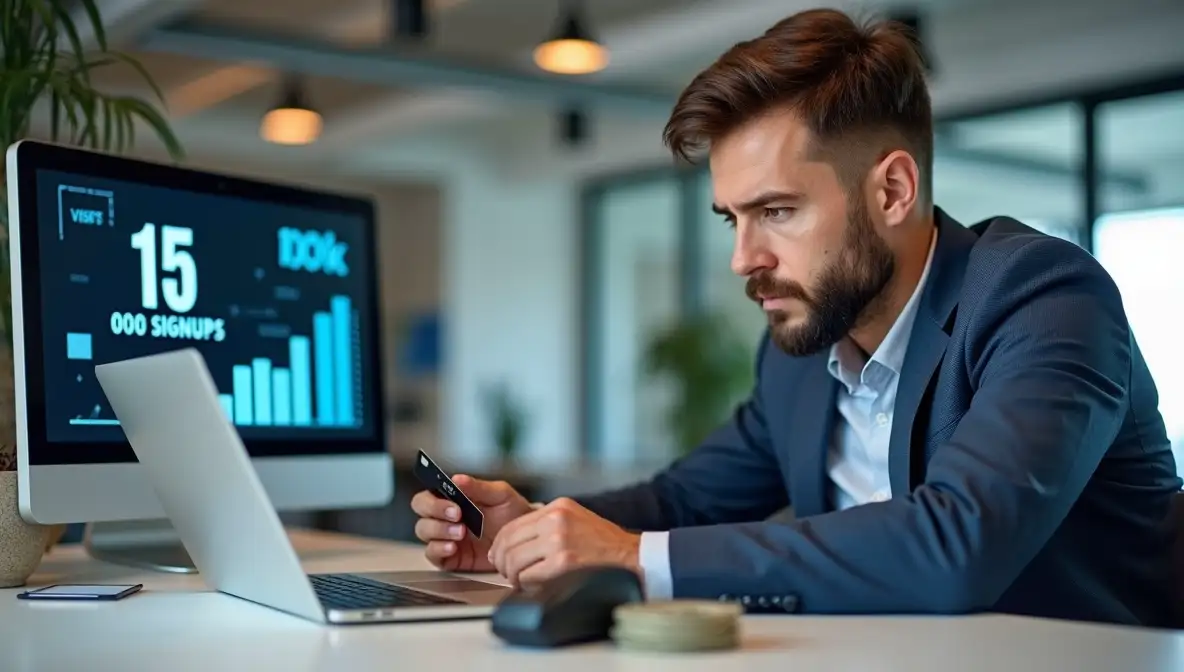 Serious business professional focuses on a credit card, emphasizing real financial commitment over laptop vanity metrics.